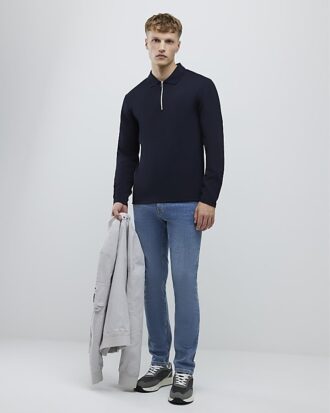 Navy Slim Fit Textured Zip Neck Polo Shirt