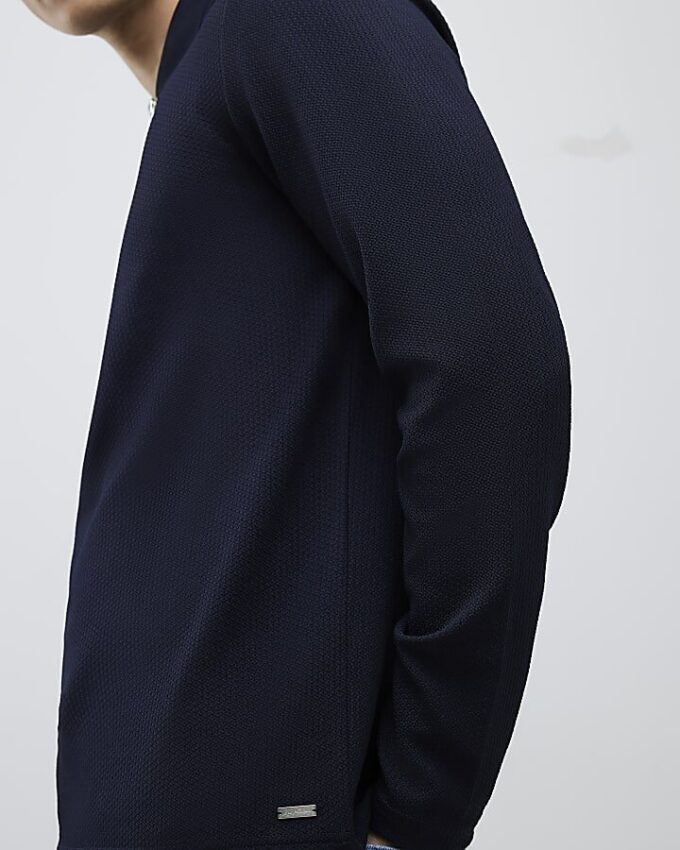 Navy Slim Fit Textured Zip Neck Polo Shirt