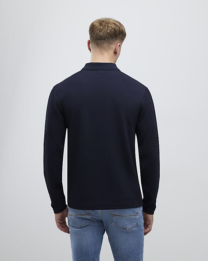 Navy Slim Fit Textured Zip Neck Polo Shirt