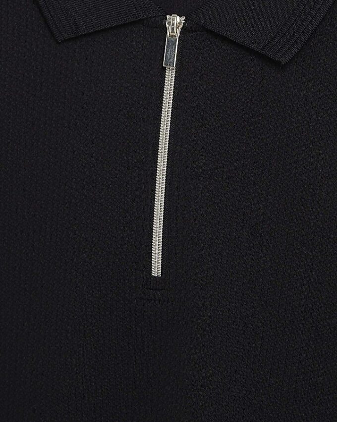 Navy Slim Fit Textured Zip Neck Polo Shirt