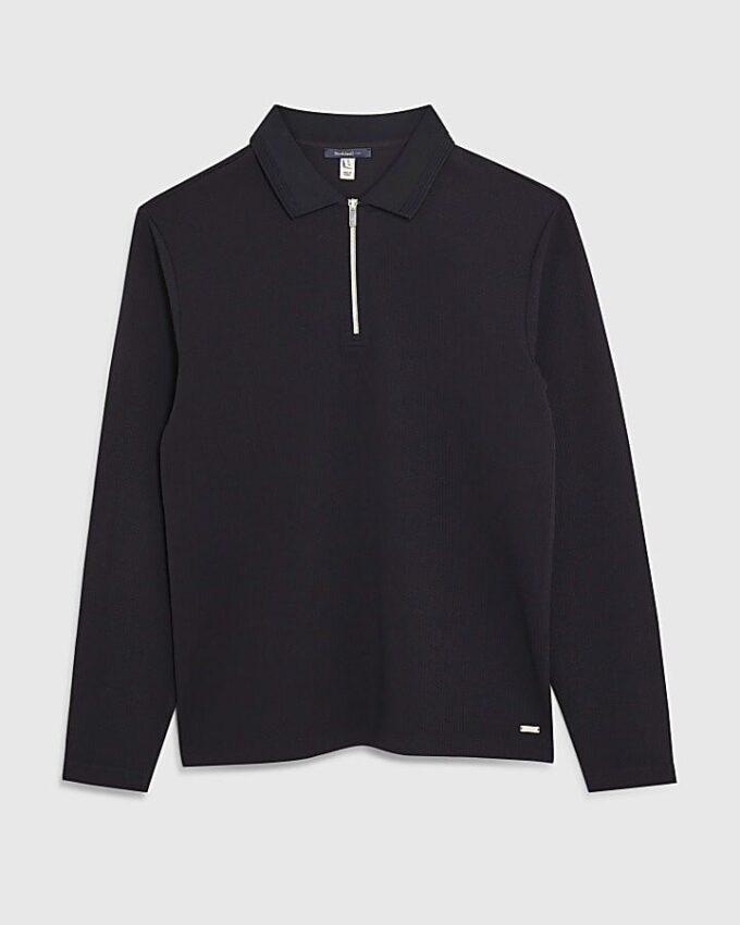 Navy Slim Fit Textured Zip Neck Polo Shirt