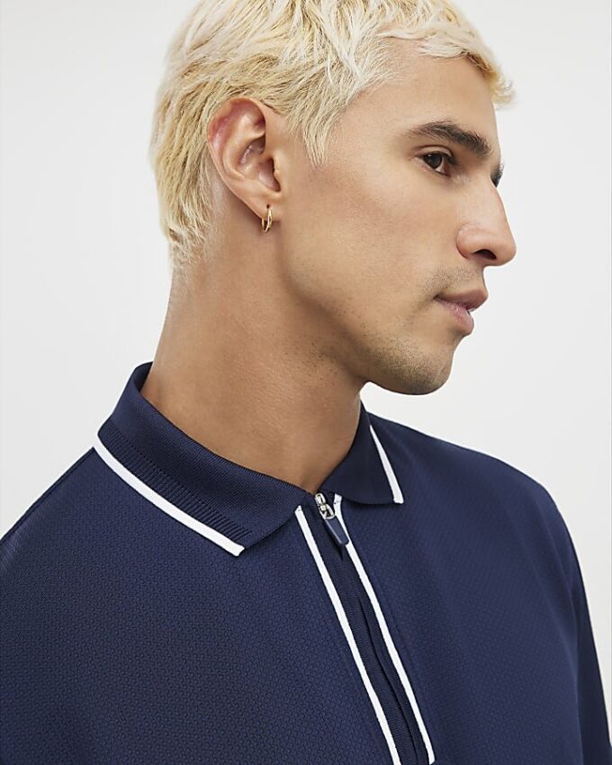 Navy Slim Fit Textured Zip Tipped Polo Shirt