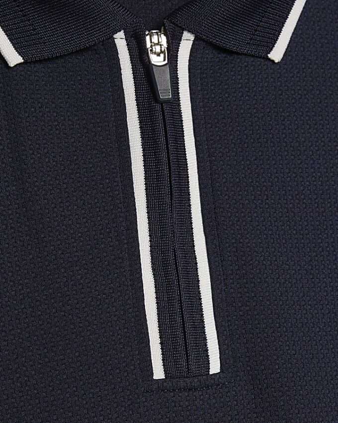Navy Slim Fit Textured Zip Tipped Polo Shirt