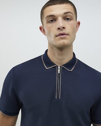 Navy Slim Fit Zip Quarter Zip Polo Shirt