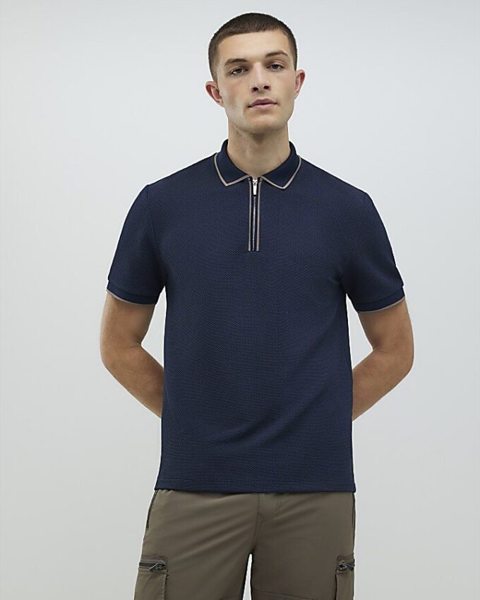 Navy Slim Fit Zip Quarter Zip Polo Shirt