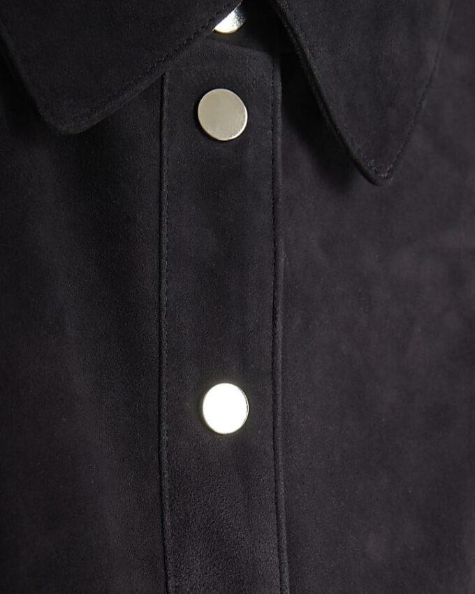 Navy Suede Belted Midi Shirt Dress