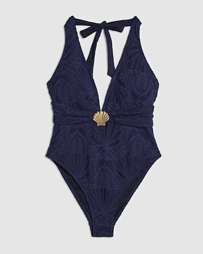 Navy Textured Shell Trim Swimsuit