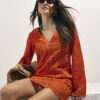 Orange Crochet Embellished Mini Beach Tunic