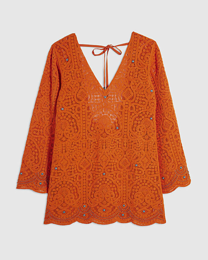 Orange Crochet Embellished Mini Beach Tunic