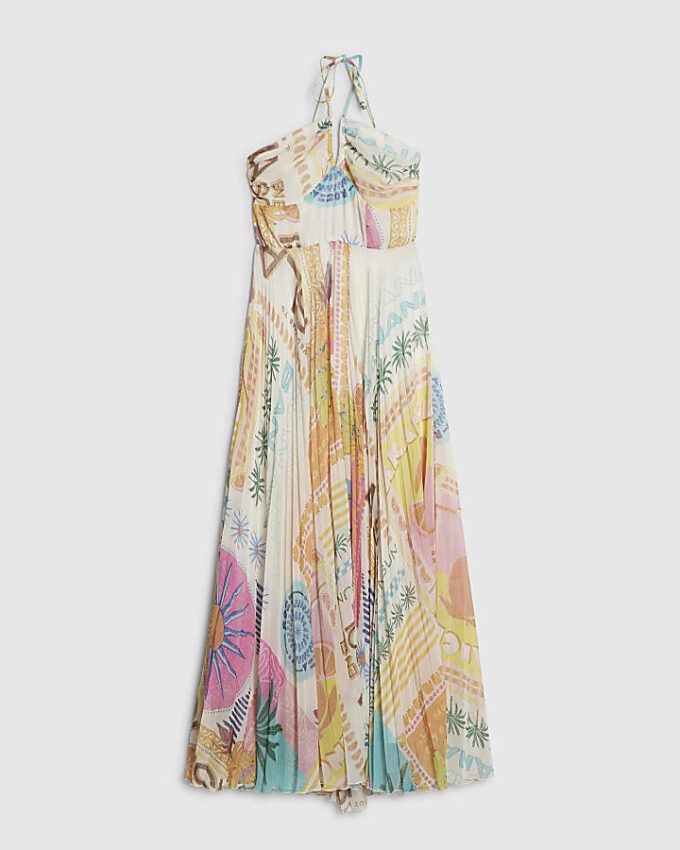 Orange Halter Neck Pleated Maxi Dress