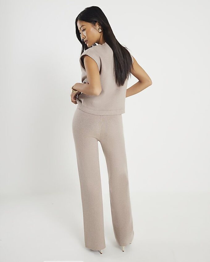 Petite Beige Wide Leg Knitted Trousers