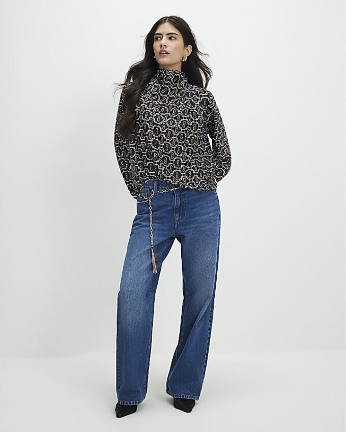 Petite Black Geometric Print Blouse