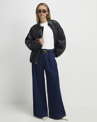 Petite Blue Belted Pleated Wide Leg Jeans