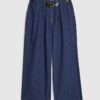 Petite Blue Belted Pleated Wide Leg Jeans