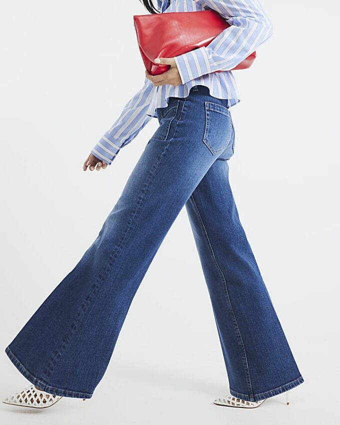 Petite Blue High Waisted Relaxed Flare Jeans
