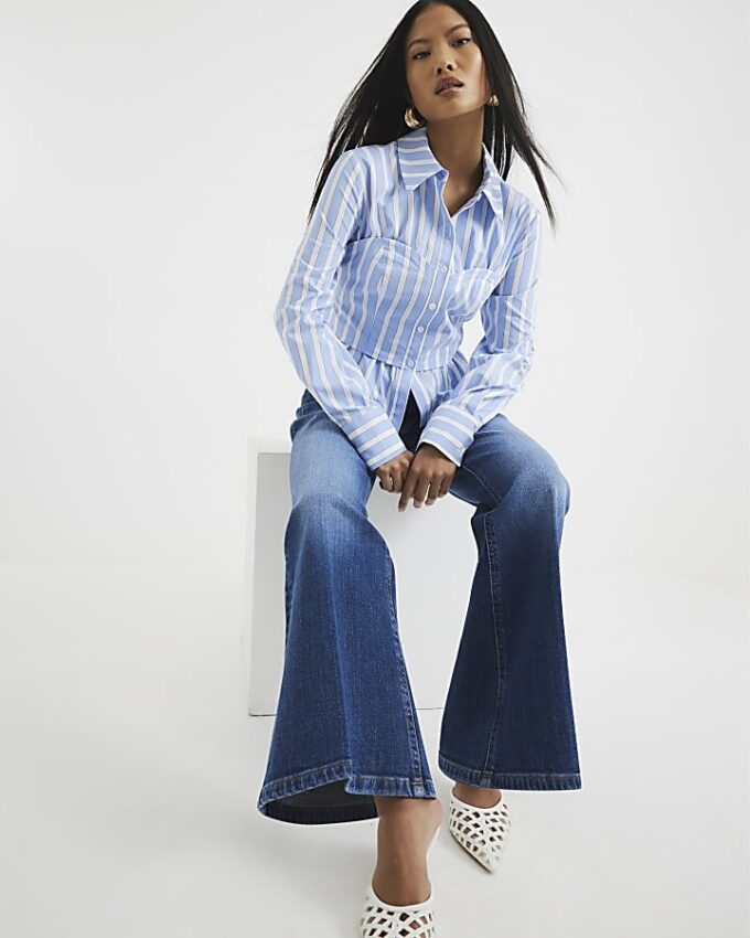 Petite Blue High Waisted Relaxed Flare Jeans