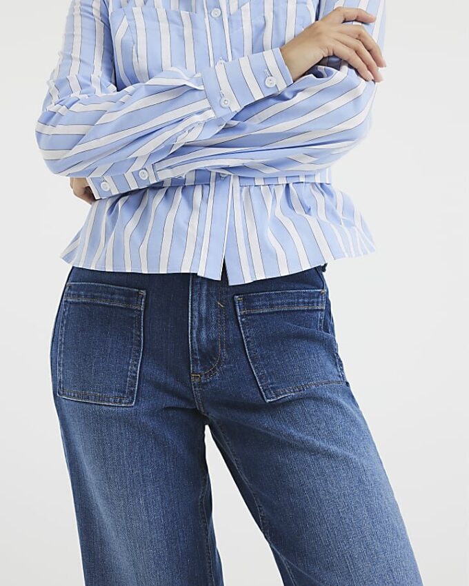 Petite Blue High Waisted Relaxed Flare Jeans