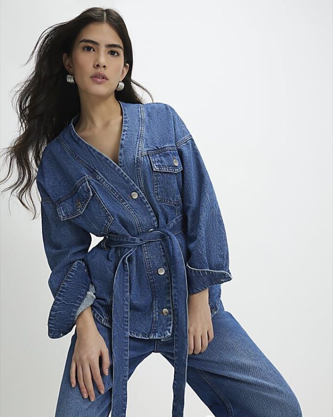 Petite Blue Tie front Denim Jacket