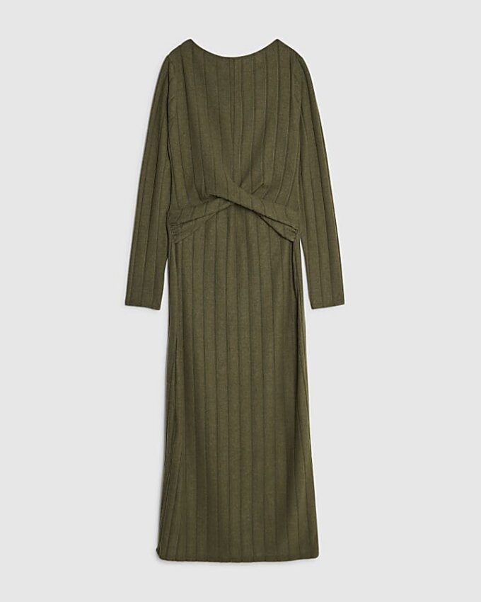 Petite Khaki Long Sleeve Cosy Midi Dress