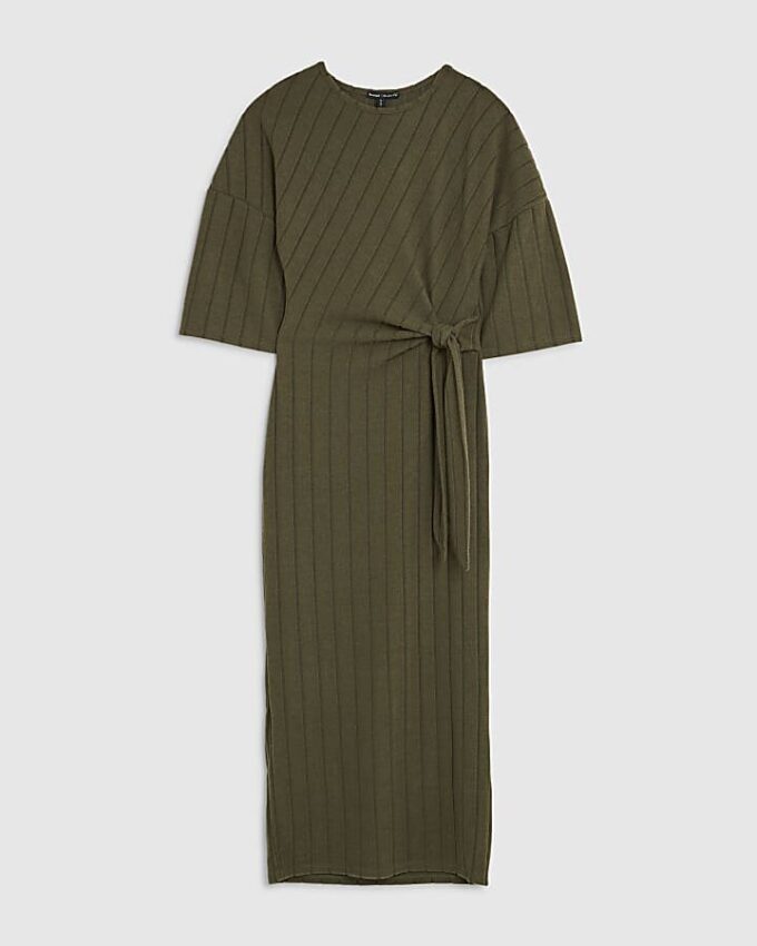 Petite Khaki Short Sleeve Ribbed Cosy Dress