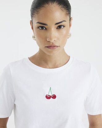 Petite White Embroidered Cherry T-Shirt