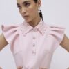 Pink Frill Sleeve Diamante Peplum Top