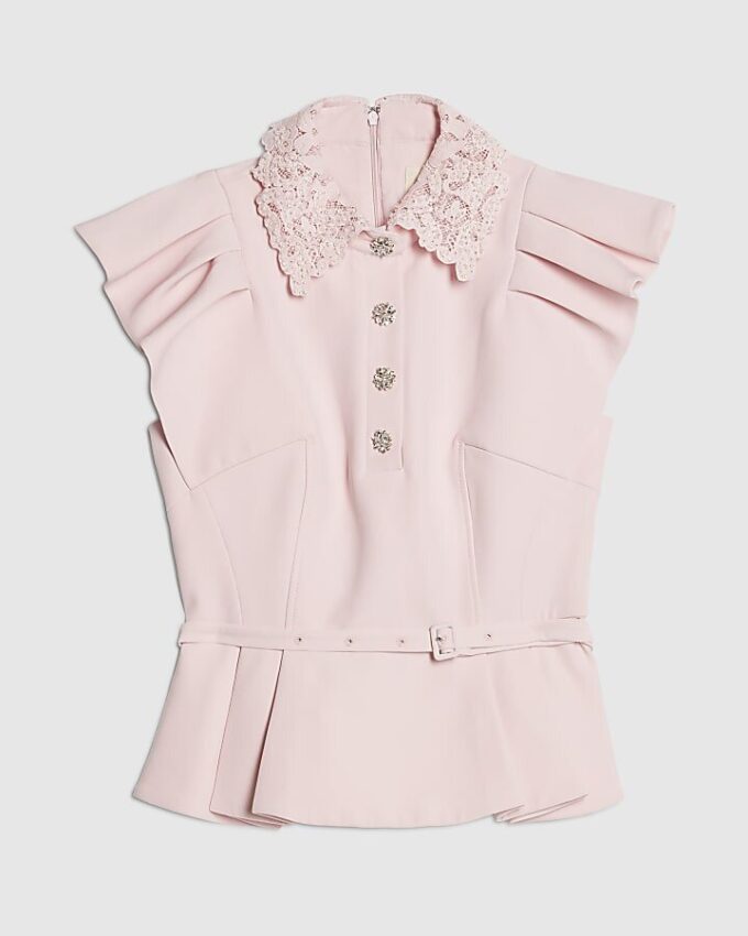 Pink Frill Sleeve Diamante Peplum Top