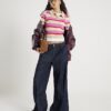 Pink Knit Striped Short Sleeve Polo Top
