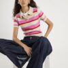 Pink Knit Striped Short Sleeve Polo Top