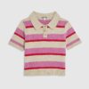 Pink Knit Striped Short Sleeve Polo Top