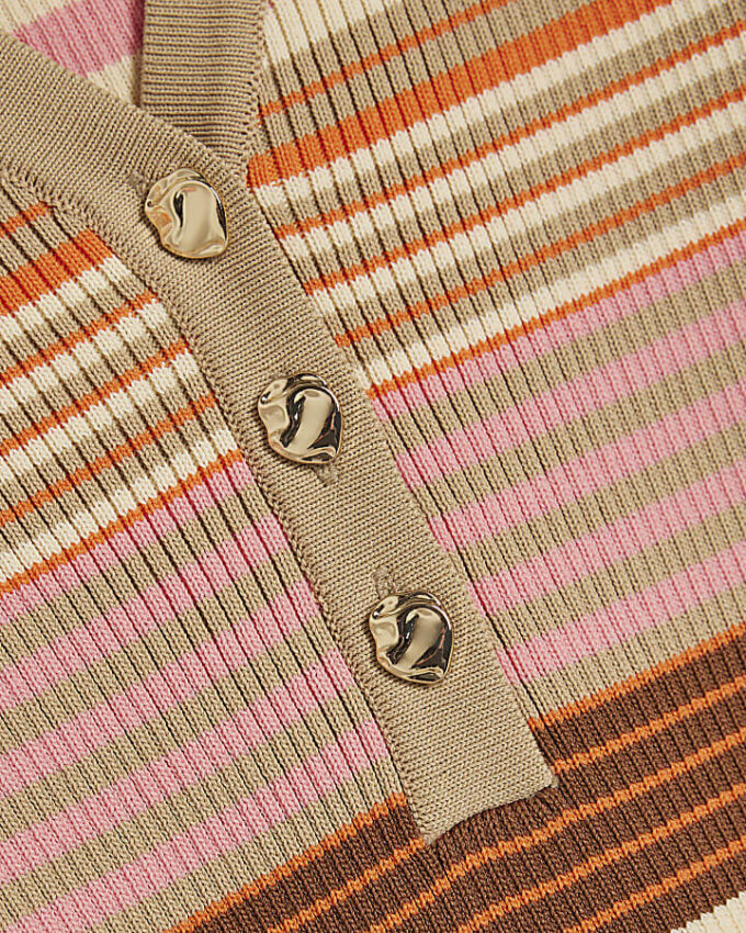 Pink Knitted Striped Long Sleeve Polo Top