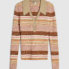 Pink Knitted Striped Long Sleeve Polo Top
