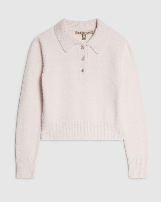 Pink Long Sleeve Fluffy Polo Top