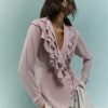 Pink Long Sleeve Wrap Ruffle Blouse