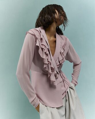 pink long sleeve wrap ruffle blouse 1 330x413 - Pink Long Sleeve Wrap Ruffle Blouse
