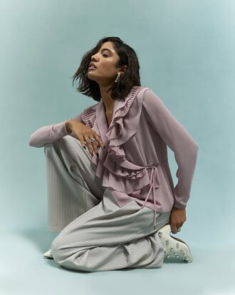 pink long sleeve wrap ruffle blouse 2 330x413 - Pink Long Sleeve Wrap Ruffle Blouse