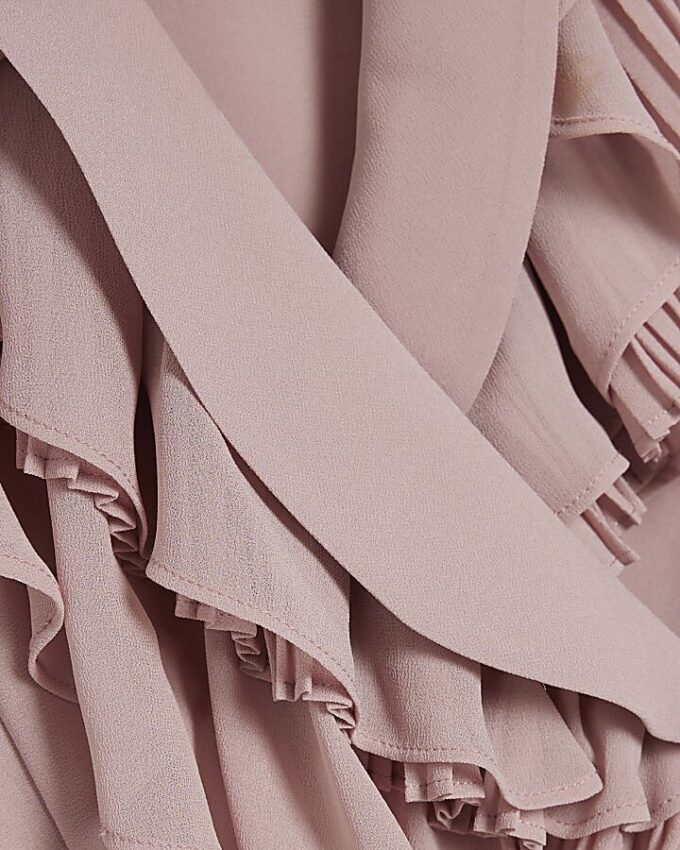 Pink Long Sleeve Wrap Ruffle Blouse
