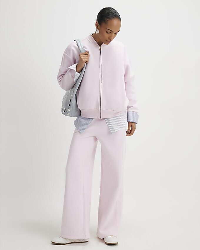 Pink Long Sleeve Zip Up Bomber Sweatshirt