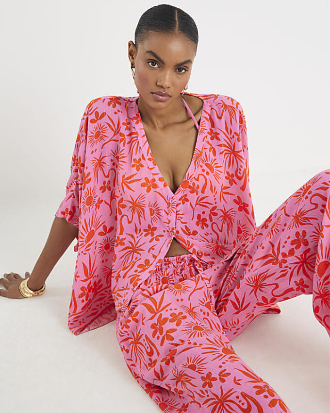 Pink Palm Tree Printed Blouse
