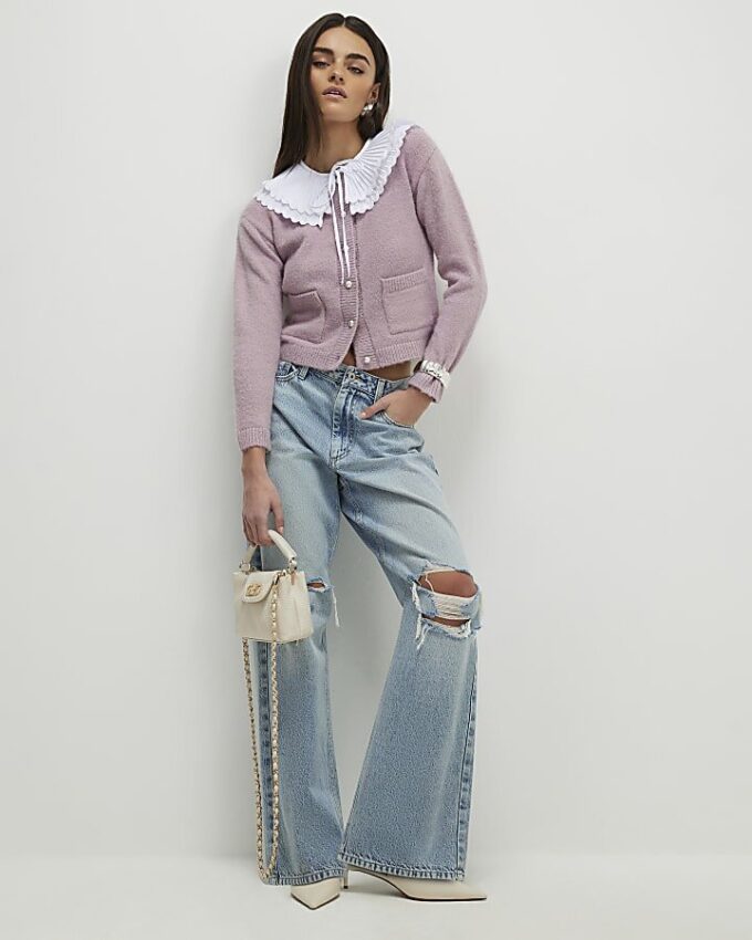 Pink Pleated Collar Cardigan