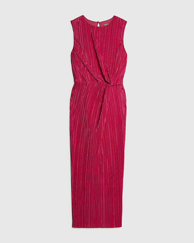Pink Plisse Knot Side Midi Dress