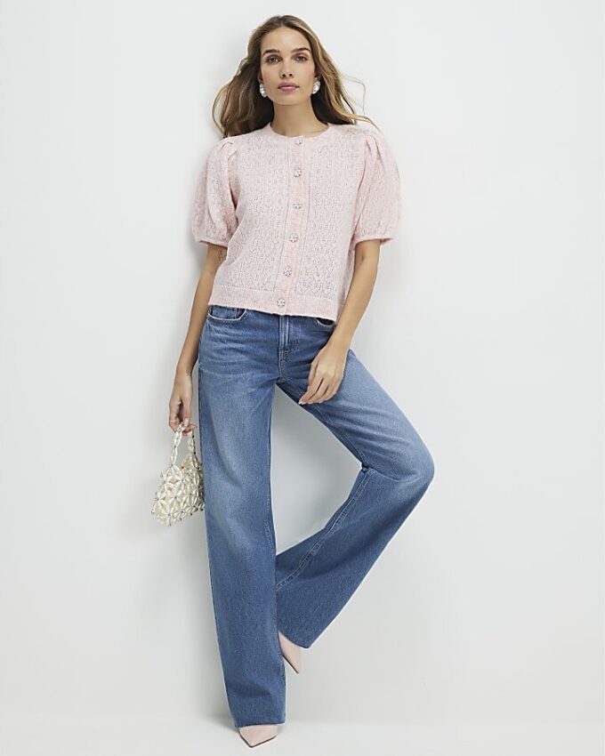 Pink Puff Sleeve Cardigan