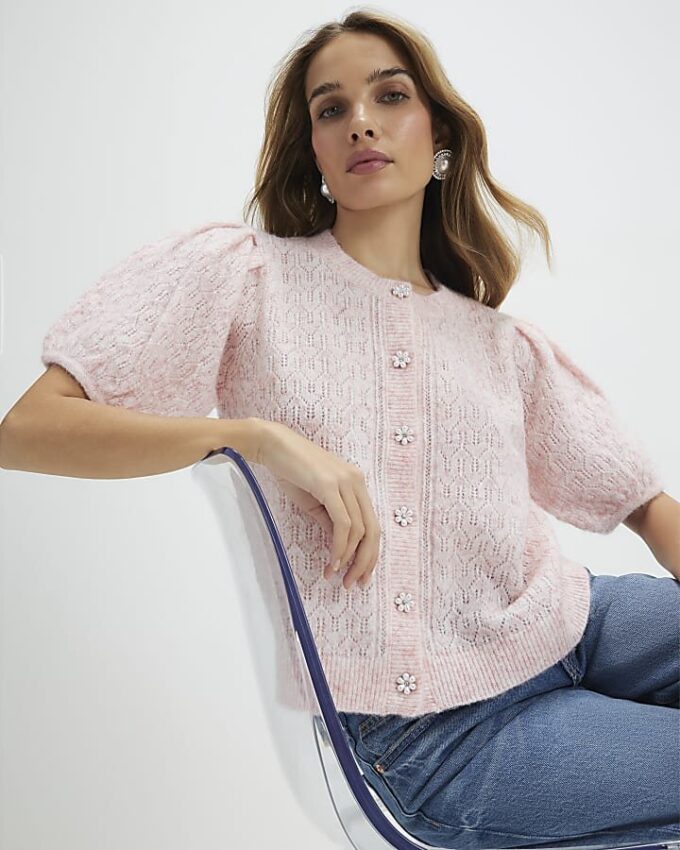 Pink Puff Sleeve Cardigan