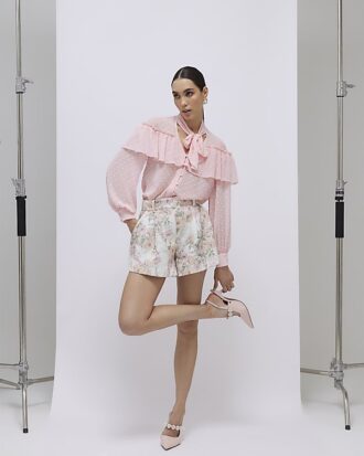 Pink Ruffle Tie Neck Blouse