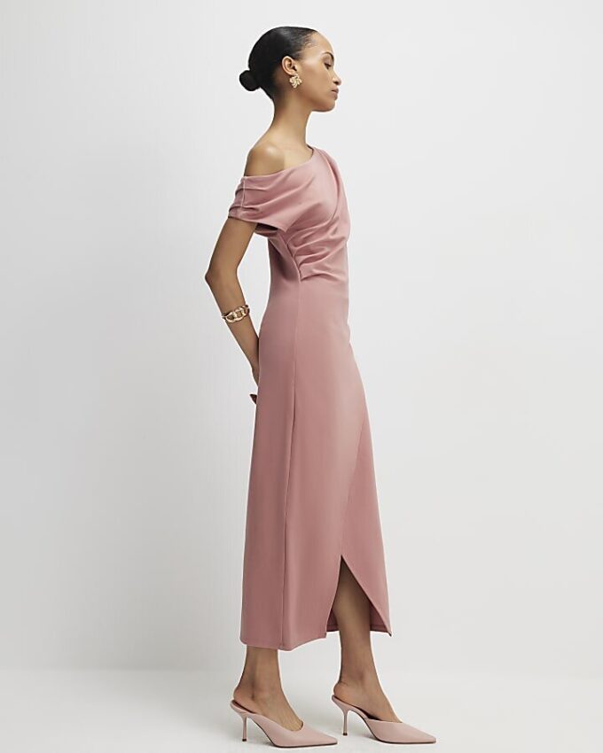 Pink Stretchy Draped Midi Dress