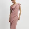 Pink Stretchy Draped Midi Dress