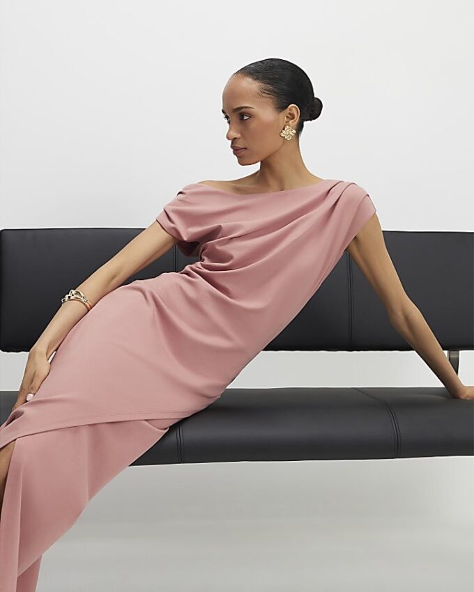 Pink Stretchy Draped Midi Dress