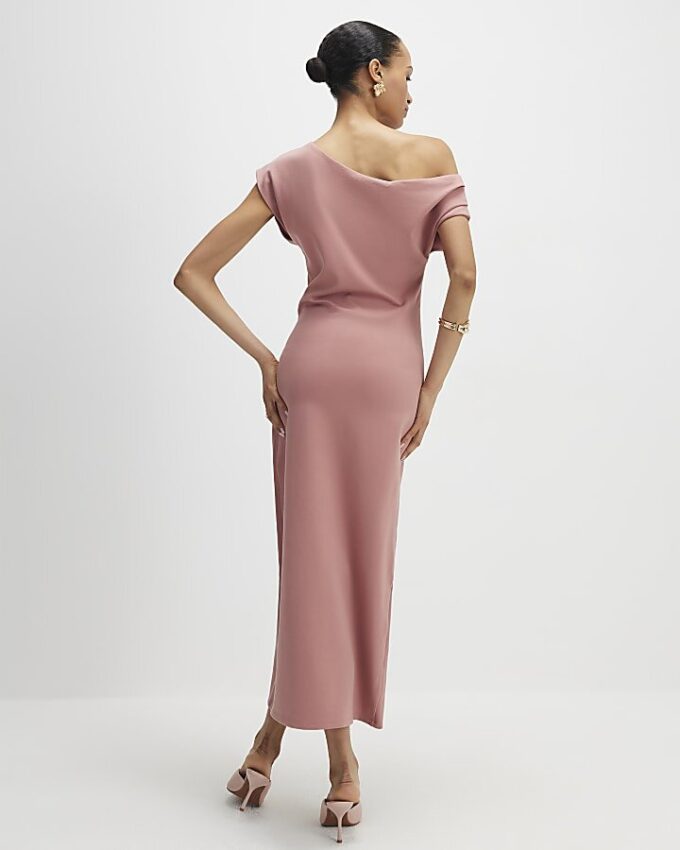 Pink Stretchy Draped Midi Dress
