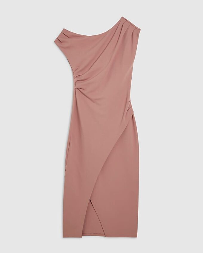 Pink Stretchy Draped Midi Dress
