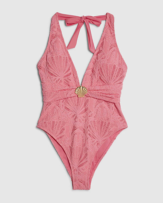 Pink Texture Shell Trim Swimsuit